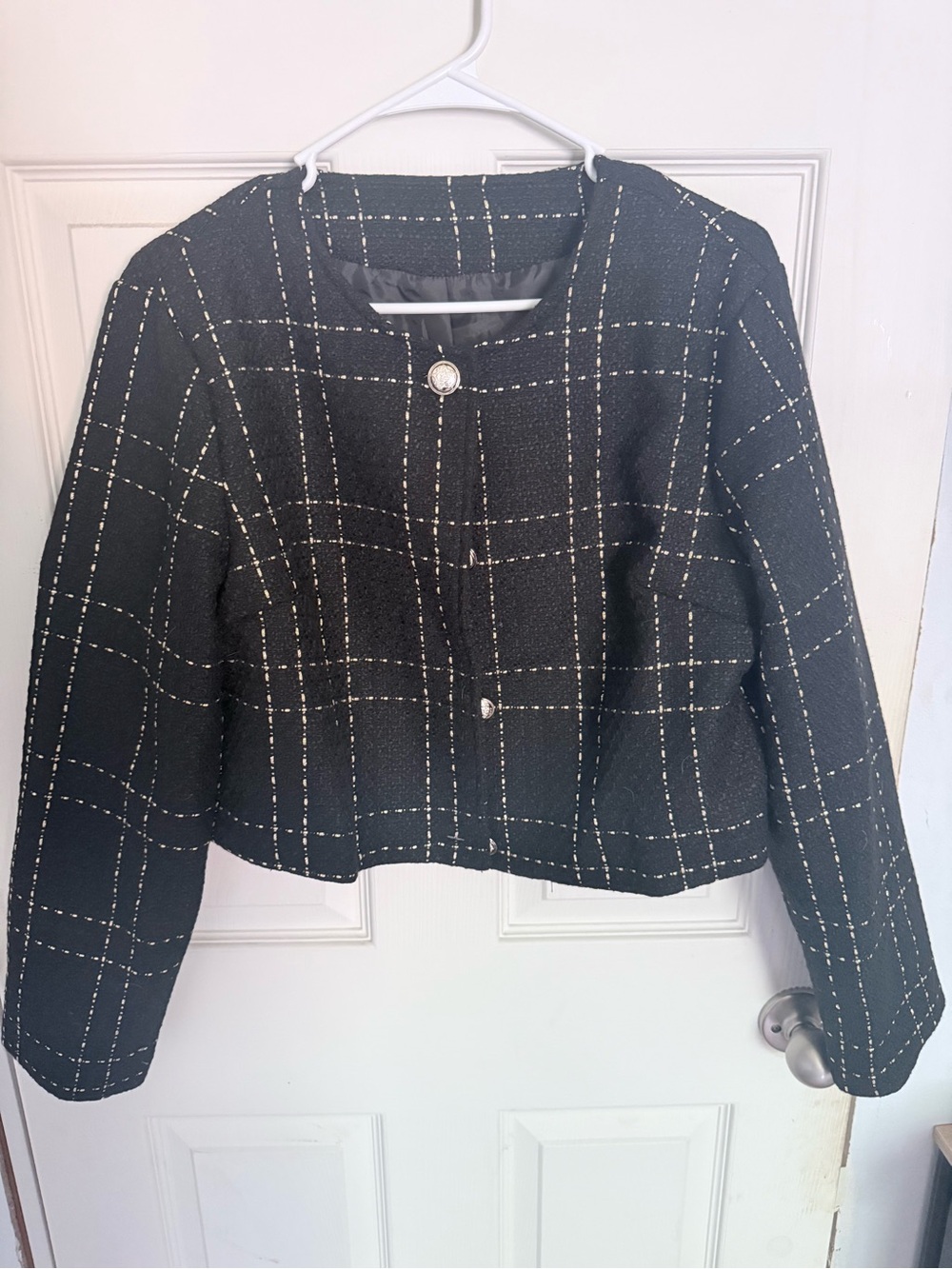 Cropped Black Plaid Tweed Blazer with Pearl Buttons
